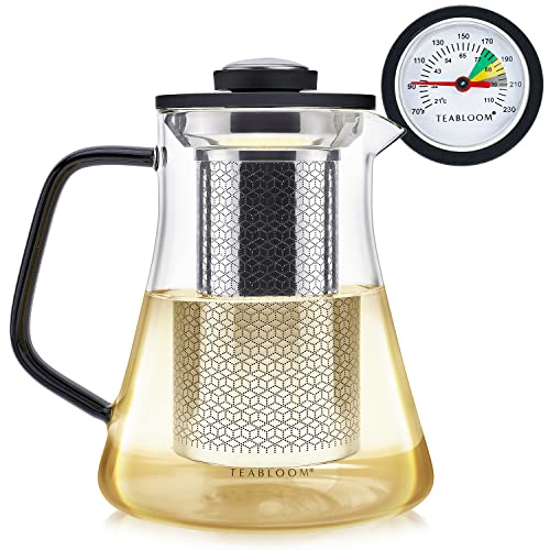 Teabloom 2-in-1 Tea Kettle and Tea Steeper - Glass Teapot with Thermometer and Stainless Steel Loose leaf Tea Infuser, No Whistle Kettles, Virtuoso 34-Ounce Tea Maker