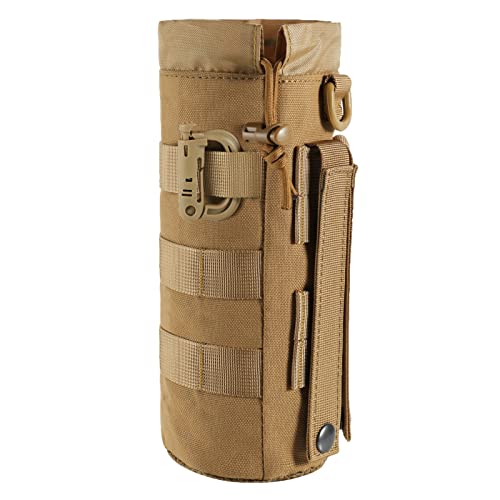 FRTKK Tactical MOLLE Water Bottle Pouch with Drawstring Open Top & Mesh Bottom, Military Water Bottle Holder Bag Sports Travel Hydration Carrier (Tan-1 Pack)