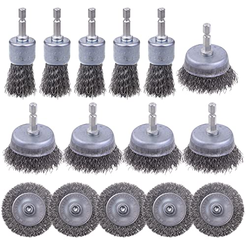 15 Pack Carbon Steel Wire Wheel Brush, Rocaris Cup Brush, Wheel Brush, Pen Brush Set with 1/4-Inch Hex Shank for Rust Removal, Corrosion and Scrub Surfaces