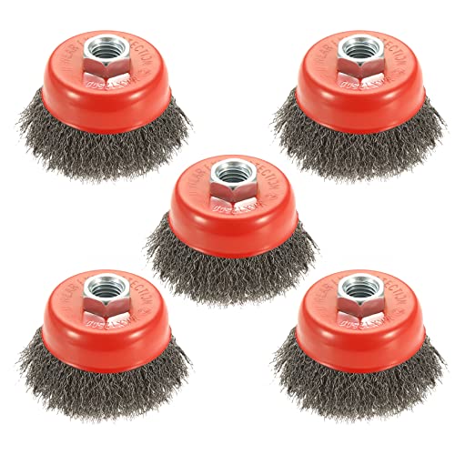 AUPREX 5 Pack 3 Inch Coarse Crimped Wire Cup Brush for Angle Grinder with 5/8 Inch-11 Threaded Arbor - 0.014 Inch Carbon Steel Wire -Light Duty Conditioning for Metals