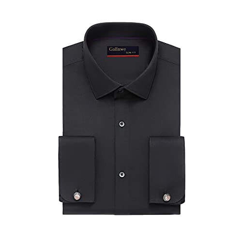 Gollnwe Men's Slim Fit French Cuff Stretch Bamboo Solid Dress Shirt Black S
