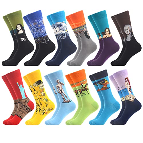 WeciBor Men's Art Van Gogh Oil Painting Pattern Multicolor Colorful Funny Cotton Crew Socks 12 Packs