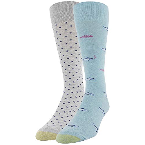 Gold Toe Men's Dress Crew Socks, 2 Pairs, Capri Fish & Bubbles/Dot, Shoe Size: 6-12