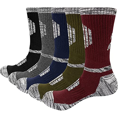 YUEDGE 5 Pairs Men's Hiking Socks Performance Sports Cushion Crew Socks Breathable Cotton Socks For Men (Multicolor, Size 9-11)