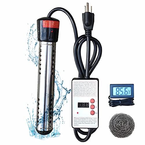 1500W Electric Immersion Water Heater for Bucket, Bathtub Heater with Timed Power Outage, Small Portable Heaters with 304 Stainless-Steel Guard, Heats 5 Gallons Water in Rapid (Built-in Timer)