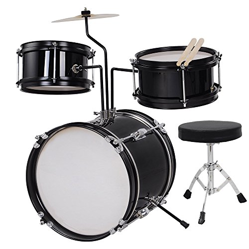 3-Piece Drum Set Kit Junior Kids Childrens Size with Throne Cymbal Bass Sticks Pedal US Delivery (Black)