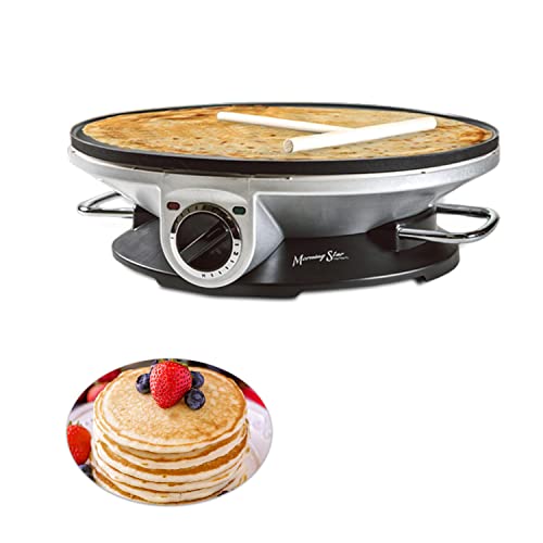 Morning Star Electric Crepe Maker Machine with 13-inch Non-stick Griddle Ideal for Pancakes, Eggs, Tortillas, & Lefse with Batter Spreader and attached Handle Crepes Maker