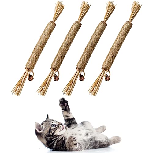 4 Pack Natural Silvervine Sticks Cat Toys Cats Chew Toys for Kittens Teeth Cleaning Catnip Toy Teething Stick Silvervine for Indoor Cats Interactive Cat Kitten Toys Kitty Toys for Cats Dental Care