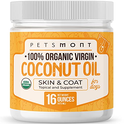 Petsmont Organic Coconut Oil for Dogs 16 fl oz - Skin and Coat Virgin Lotion Raw Certified Extra Superfood Supplement Anti Itch Hot Spot Treatment Dry on Elbows Nose Natural Digestive Immune Support