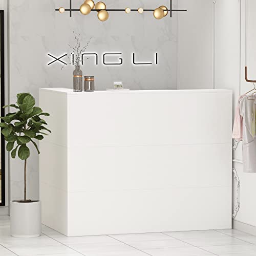 AIEGLE Reception Desk with Counter Drawers & Storage Shelves, L-Shaped Reception Counter Table for Salon Reception Room Checkout Office, White (55.9" L x 32.3" W x 48.4" H)