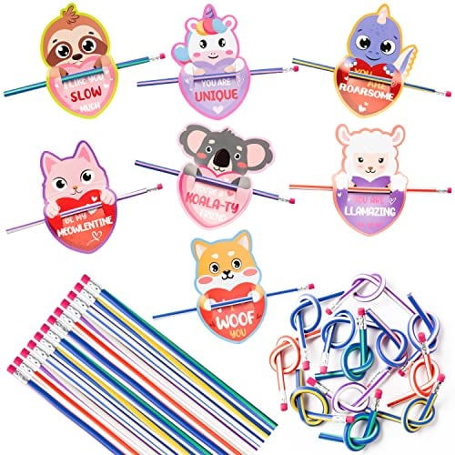 28PCS Colorful Soft Flexible Bendable Pencils with 28Pcs Valentine's Day Cards for Kids Party Favors, Bendy Pencil with Eraser Valentine Classroom Exchange Gift School Rewards Prizes and Incentives