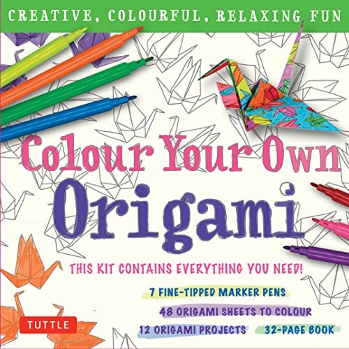 Colour Your Own Origami Kit (British Spelling): Creative, Colourful, Relaxing Fun: 7 Fine-Tipped Markers, 12 Projects, 48 Origami Papers & Adult Colouring Origami Book