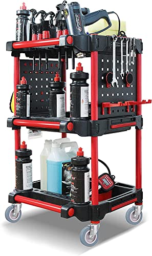 440lb Rolling Utility Tool Cart Organizer, 3 Tier Car Wash Detail Trolley with Side Hanging Plate & Hooks, Mechanics & Detailers During Repairs Car Wash/Wax Mobile Utility Cart, for Car Beauty Shop