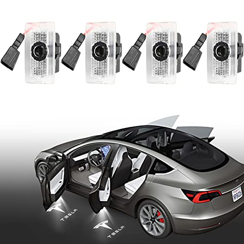 4pcs Car Door Logo Projector Lights for Tesla Model 3/Y/S/X Accessories, RCBDCYGJ Ultra-Bright Tesla Puddle Lights Welcome Courtesy Step Door Lamps Replacement with Extension Cords(White Light)