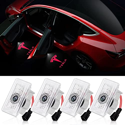 Never Fade Car Door Lights Logo for Tesla Puddle Lights LED Projector Compatible with Tesla Model 3 Model Y Model S Model X Accessories Ultra-Bright Step Welcome Ghost Shadow Light (Red-4Pack)