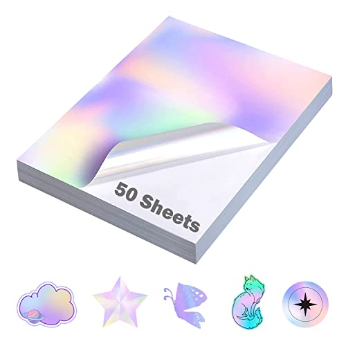 QiXin 50 Sheets Holographic Sticker Paper 8.5 x11 inch for Inkjet Printer & Laser Printer US letter size Holographic Printable Vinyl Rainbow Sticker Printer Paper Adhesive Waterproof Vinyl