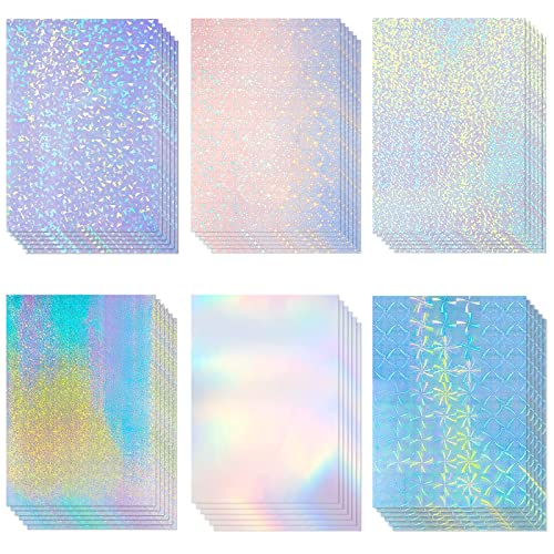 60 Sheets Holographic Laminate Sheets Clear Glitter A4 Size Vinyl Sticker Paper Holographic Overlay Self Adhesive Waterproof Transparent Film, 11.7 x 8.3 Inch (Mixed Style)