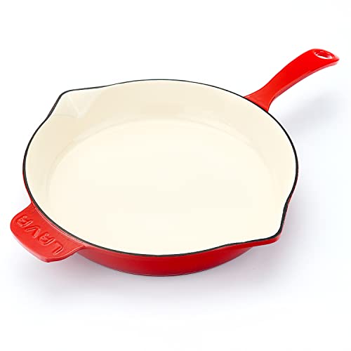Lava Enameled Cast Iron Ceramic Skillet with Side Drip Spouts - 11 inch Round Frying Pan with White Ceramic Enamel Coated Interior - Edition Series (Red)