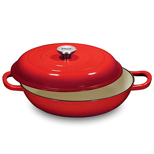 Klee 3.8 Quart Red Casserole Dish with Lid - Enameled Porcelain Coated Cast Iron Cookware Used as Braising Pan, Baking Pan, Saucepan, Frying Pan, and More - 3.8 Quart Capacity, 12 Inches