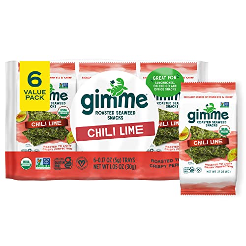 gimMe - Chili Lime - 6 Count - Organic Roasted Seaweed Sheets - Keto, Vegan, Gluten Free - Great Source of Iodine & Omega 3s - Healthy On-The-Go Snack for Kids & Adults