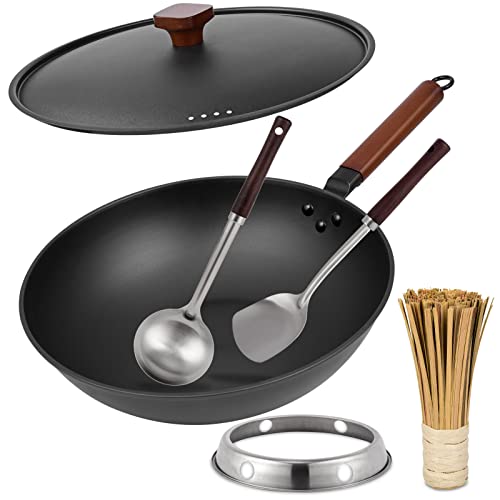 Carbon Steel Wok Pan - 13 Wok Pan with Lid, Woks & Stir-fry Pans, No Chemical Coated Chinese Wok with 4 Cookware Accessories Flat Bottom Wok for Induction, Electric, Gas, All Stoves