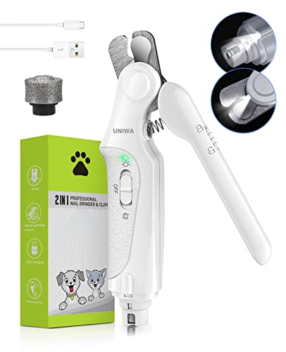 UNIWA Dog Nail Grinder with Trimmers 2-in-1, Upgraded Professional Pet Nail Clippers with LED Light,Super Quite Painless Paws Grooming Smoothing for Small, Medium,Large Dogs Cats(3 Size Ports)