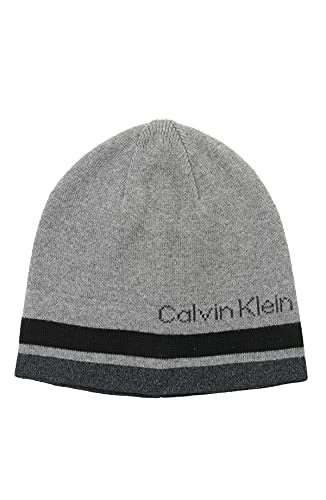 Calvin Klein Men's Reversible Beanie, Heather Grey and Black Striped, One Size