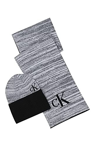 Calvin Klein Men's Cuff Hat and Scarf Gift Set, Marl Multicolor Logo, One Size