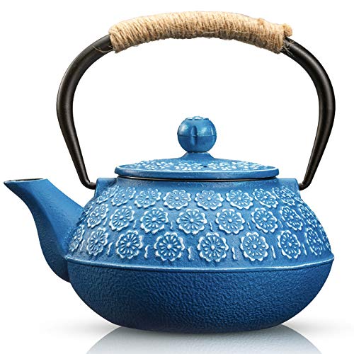 Sotya Cast Iron Teapot, 30oz/900ml Japanese Tetsubin Tea Pot with Infuser for Loose Leaf and Tea Bags, Tea Kettle Coated with Enameled Interior for Stove Top, Dark Blue