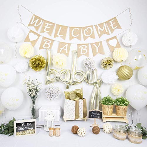 Rustic Baby Shower Decorations Neutral | 40pc Set Burlap Welcome Baby Banner | Gold Baby Shower Decorations Gender Neutral | Oh Baby Shower Decor | Gender Neutral Baby Shower Decorations