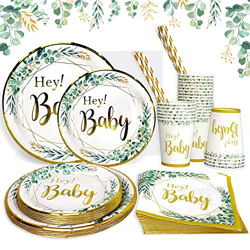 Sage Green Baby Shower Decorations Neutral Plates Set for 25 Guests, 125 Pieces of Paper Plates Cups Napkins Straws for Baby Shower Bridal Shower Theme Party Supplies