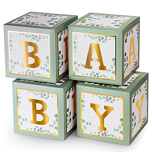 Keencopper Sage Green Baby Boxes with Gold Letters for Baby Shower, 4 pcs Safari Baby Shower Decorations for Boy Girl Balloon Blocks Birthday Backdrop Photo Props, Gender Reveal Party Supplies Favors