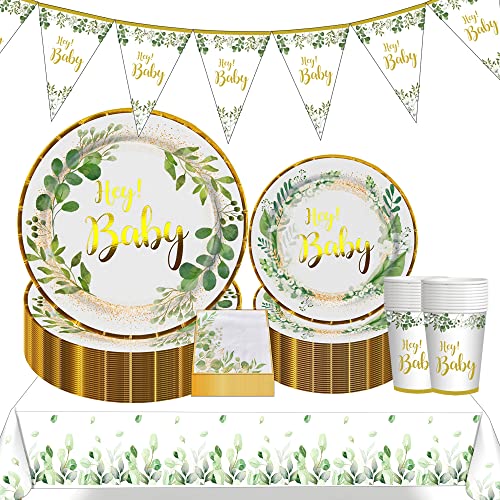 Baby Shower Decorations, 102PCS Sage Green Baby Shower Decorations Neutral Safari Greenery Baby Shower Decorations for Birthday Party Baby Boys Girls Plates Cups Napkins Banner Tablecloth Serve 25