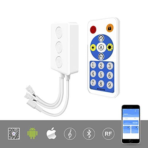 BTF-LIGHTING WS2812B WS2811 1903 Built-in Mic Music SP601E Bluetooth Controller with Dual Signal Output Ports for LED Module Pixel Strip Light Andriod iOS APP /3 Keys Button/RF Remote Control