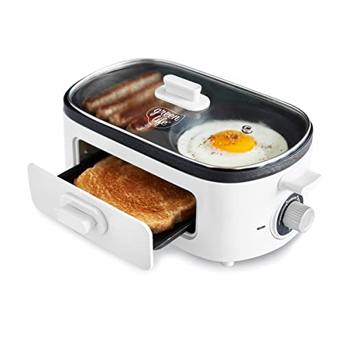 GreenLife 3-in-1 Breakfast Maker Station, Healthy Ceramic Nonstick Dual Griddles for Eggs Meat and Pancakes, 2 Slice Toast Drawer, Easy-to-use Timer, White