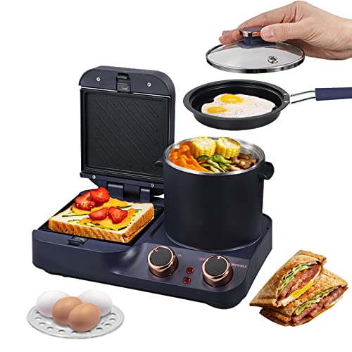 3-in-1 Breakfast Station,Electric Toaster Combo Breakfast Sandwich Maker with Toasting Control,Non-Stick Griddle,Frying Pan,Stock Pot with Glass lid,Retro Multi-Function Mini Breakfast Machine