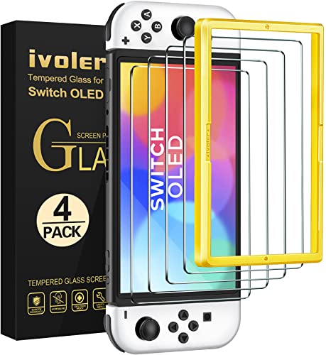 ivoler [4 Pack Tempered Glass Screen Protector Designed for Nintendo Switch OLED Model 2021&2023 with [Alignment Frame] Transparent HD Clear[Updated Version] Screen Protector for Switch OLED 7''
