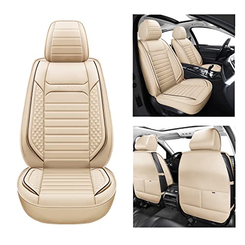 BLUEWALDON Leather Car Seat Covers ,Automotive Vehicle Cushion Cover Universal Fit Most Cars SUV Truck Like Toyota Corolla Nissan Hyundai Honda Chevy Mazda Elantra Tucson (Front Pair, Beige)