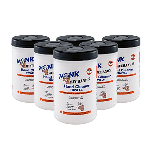 Monk Wipes - 45072 Monk Mechanics Heavy Duty Wipes, Large Shop and Mechanic Wipes, Multi-Purpose Surface and Hand Cleaning, 6 Canisters of 72 Count, Perfect for Removing or Cleaning Paint, Oil, Grease, Grime and more