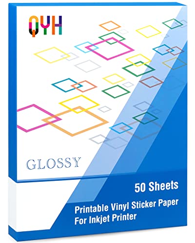 Printable Vinyl for Inkjet Printer Glossy 50 Sheets Sticker Paper Waterproof Labels Adhesive Vinyl for Cricut (8.5"x11", White)