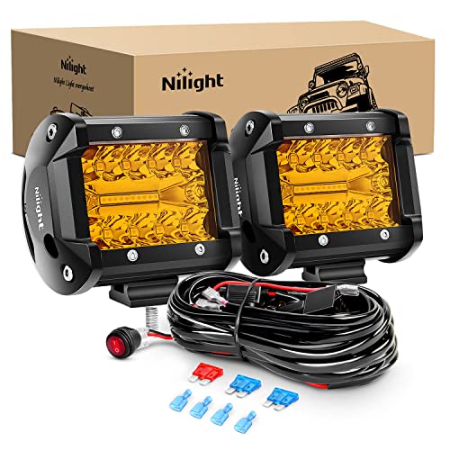 Nilight 2PC 4Inch Amber Led Pods Triple Row 60W Flood Spot Combo Driving Fog Lights with 16AWG Wiring Harness-2 Leads for Offroad Pickup Trucks Jeep ATV UTV SUV, 2 Years Warranty