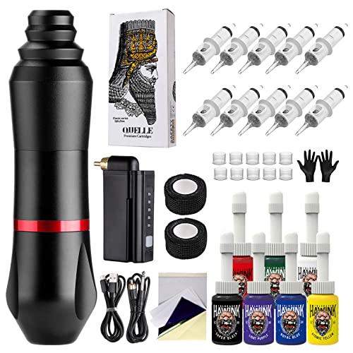 HAWINK Tattoo Kit Rotary Tattoo Machine Pen Kit with Wireless Tattoo Power Supply Tattoo Battery 10Pcs Cartridge 7 inks HWP6KITP199-1