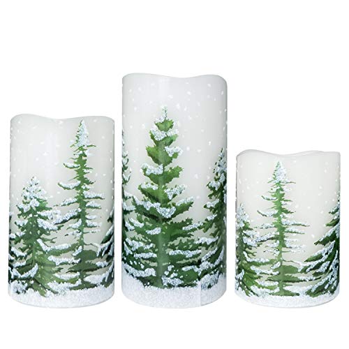 Wondise Flickering Flameless Pillar Candles with Timer, Battery Operated Real Wax Warm Light Christmas Tree Pine Tree Decal Candle for Home Decoration Christmas Gifts, Set of 3(D3 x H4/5/6 Inch)