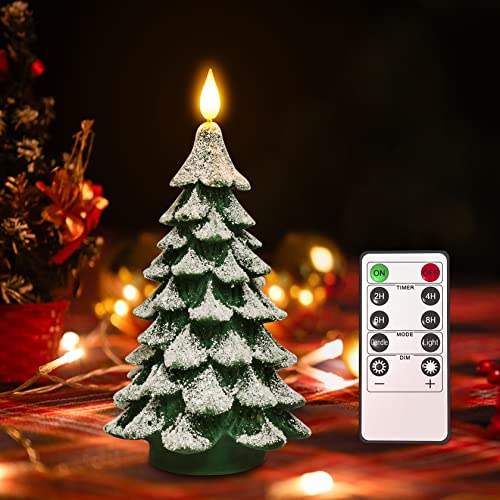 PChero Christmas Tree LED Candle with Remote Timer, 7.9 Inch Real Wax Battery Operated Pillar Candle Flameless Flickering for Xmas Eve Gift Holiday Home Party Room House Decor