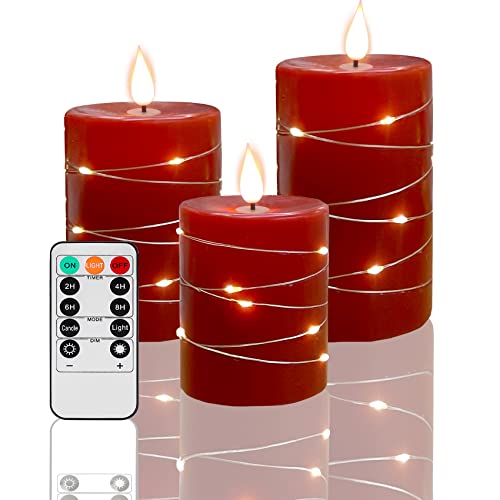 Fanzir Red Flameless Candles Battery Candles with String Lights, Flickering Candles with Remote Control and Timer Battery Powered LED Candlesfor Seasonal and Festive Celebrations Set of 3 Candles