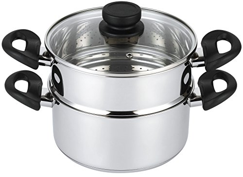 Nevlers 3 Piece Premium Heavy Duty Stainless Steel Steamer Pot Set Includes 3 Quart Cooking Pot , 2 Quart Steamer Insert and Vented Glass Lid | Stack and Steam Pot Set for All Cooking Surfaces