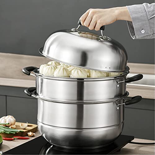 MANO Steamer Pot for Cooking 11 inch Steam Pots with Lid 2-tier Multipurpose Stainless Steel Steaming Pot Cookware with Handle for Vegetable, Dumpling, Stock, Sauce, Food