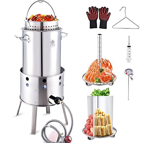 ARC 32QT Seafood Boil Pot With Basket Kit, Stainless Steel Crawfish Boil Pot And Burner 37,000BTU, Crab Boil Shrimp Lobster Boil Tamale Steamer Turkey Fryer Pot With Injector Thermometer And High Temperature Resistant Gloves Kit For Outdoor Cooking