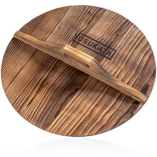 YOSUKATA Cast Iron Wok Cover - Premium Wok Cover 14 inch Pan Lid - Wooden Wok Lid 14 in with Ergonomic Handle - Condensate-free 14 inch Pan Lid - Durable Wok Accessories for Genuine Asian Cooking