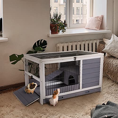 PETSFIT Guinea Pig Cages Wooden Indoor Hamster Cage with Hideout for Rest and Ramp for Enter and Out